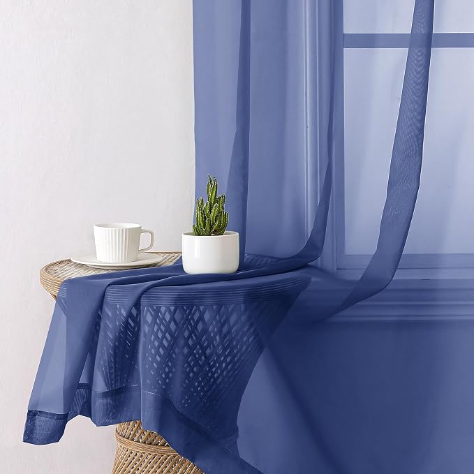 Aiyufeng Royal Blue Sheer Curtains 63 Inch Length 2 Panels Set, Semi - Image 4