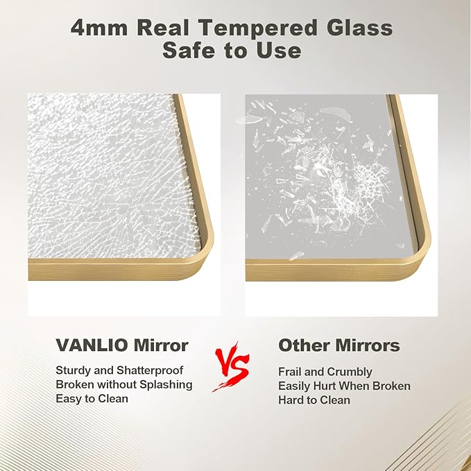 30x36 Gold Framed Bathroom Mirror, Brushed Gold Metal Vanity Mirror, Gold Rectangle Mirror for Wall, Rounded Corner, Tempered Glass, Anti-Rust, Shatterproof, Hangs Horizontally or Vertically