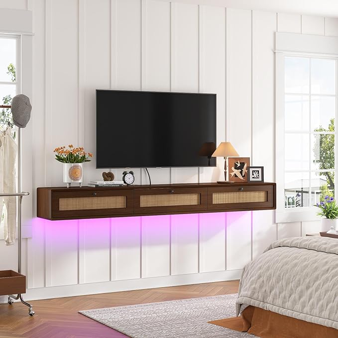 Fully-Assembled Floating TV Stand with 3 Rattan Doors, Rustic Floating Entertainment Center Under TV Shelf, Modern Large Storage Wall Mounted Media Console for Living Room Bedroom 47IN