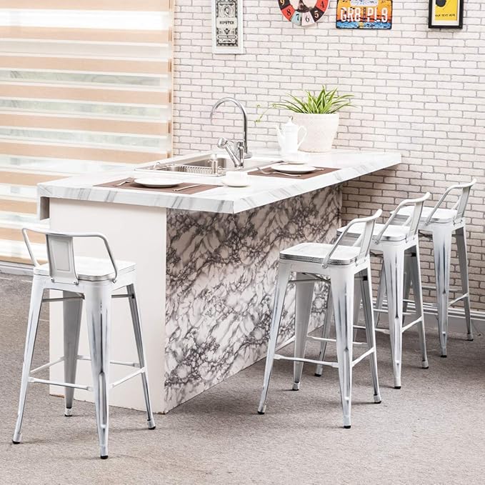Yongchuang 30 inch Bar Stools Set of 4 Bar Height Metal Barstools with Wood Seat Distressed White Low Back Kitchen Bar Chairs