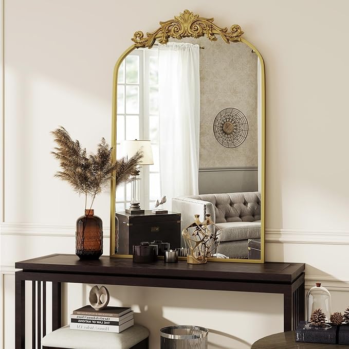 Vintage Arched Wall Mirror, 26x38 inch Retro Arch Bathroom Mirror, Carve Pattern Top Wall Mounted Vanity Mirror with Metal Frame, Bathroom Mirror Hanging or Leaning, Gold