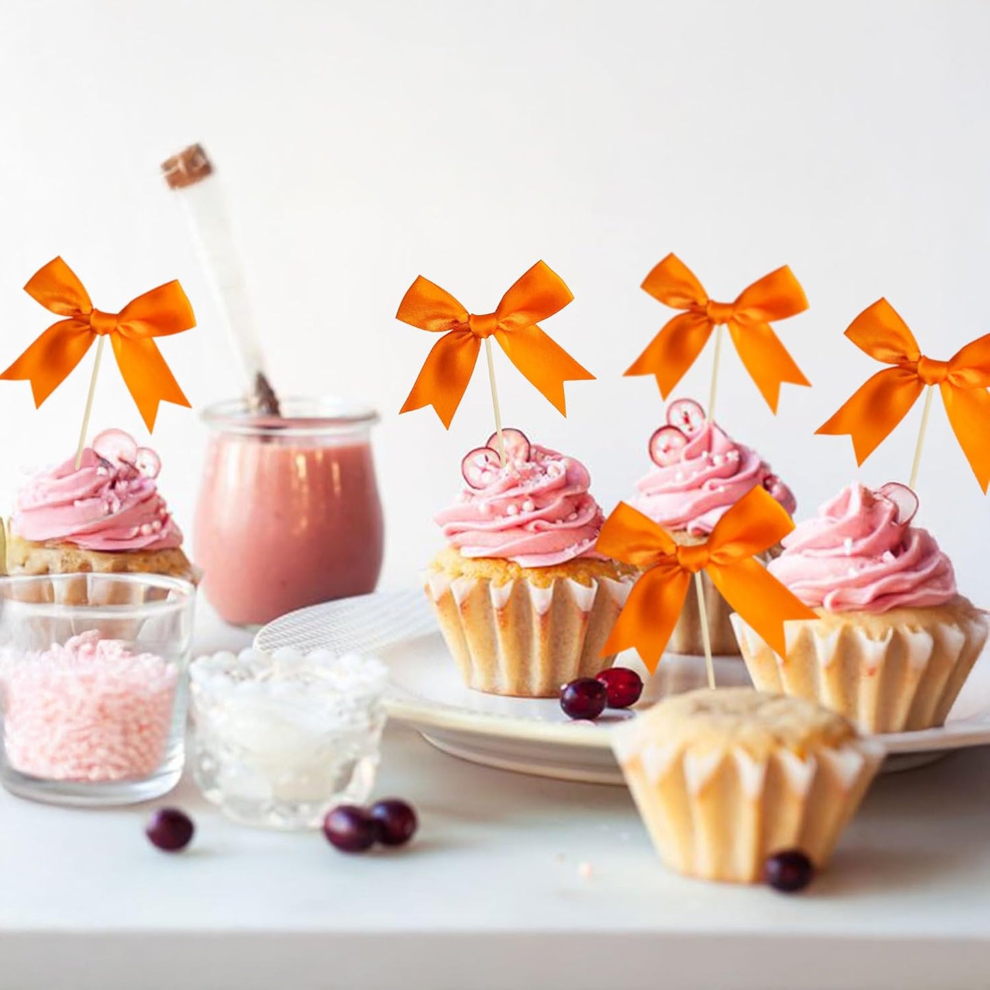 Ephlyn 24Pcs Bow Cupcake Toppers Bow Cake Topper Birthday Decorations Mini Bowknot Cupcake Picks for Coquette Theme Party Decoration Bachelorette Bridal Engagement Wedding Party Supplies Orange