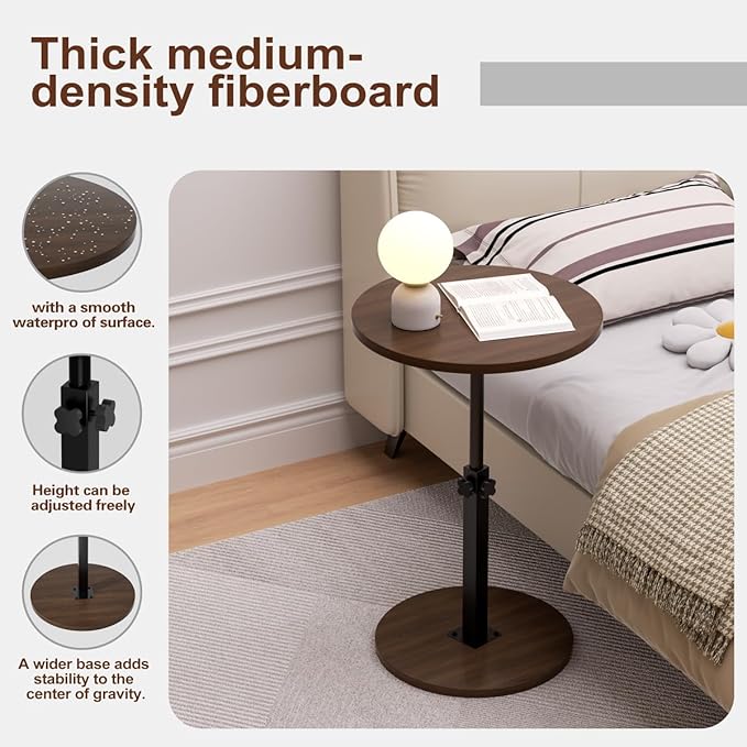 Adjustable Side Table, Round End Table, Small Bedside Table, Mid Century Modern Nightstand for Living Room, Bedroom, Corners and Office (Walnut)