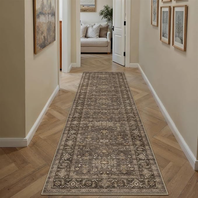 2'6x8 Washable Runner Rug for Hallway Kitchen Vintage Brown Non Slip Low Pile - Image 5