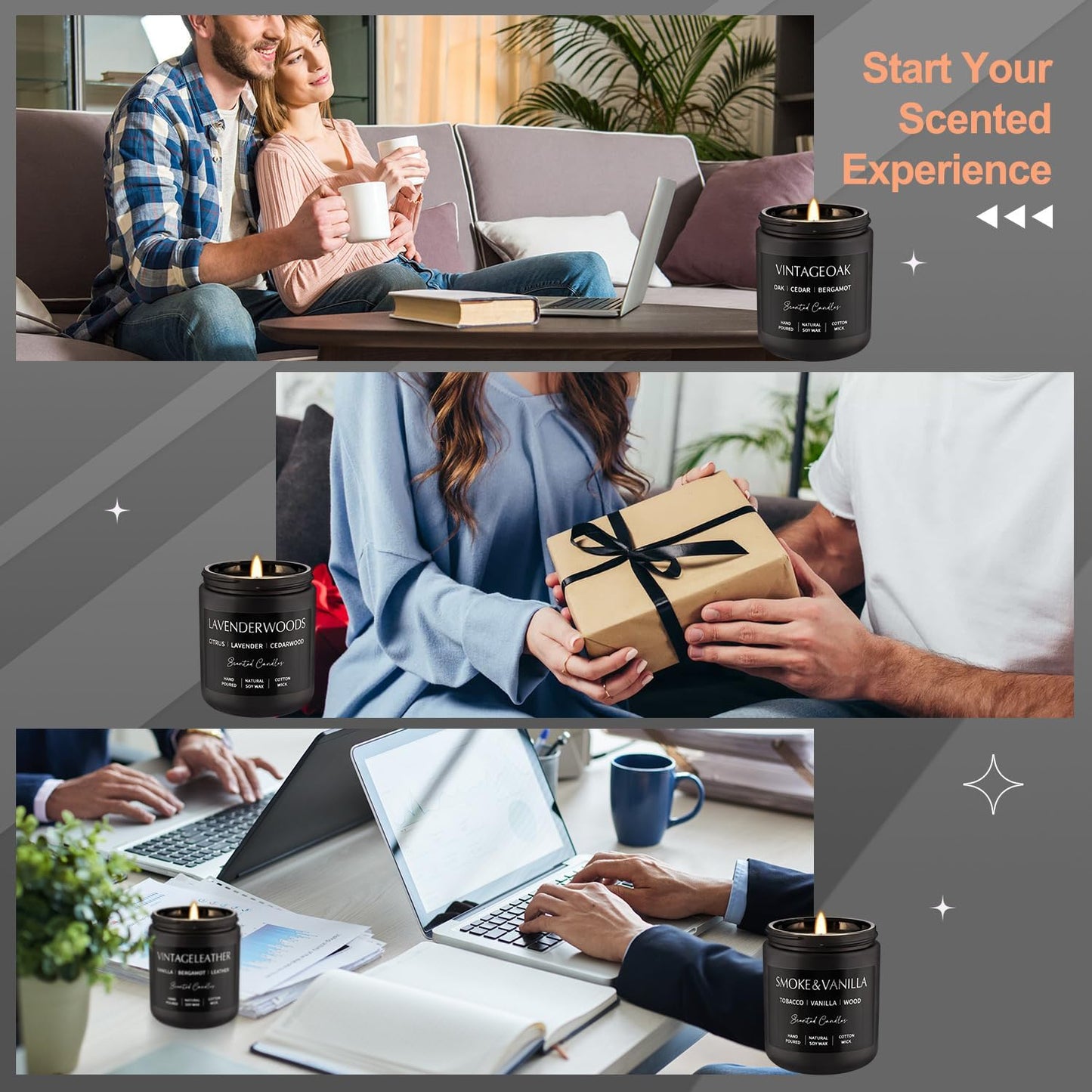 4Psc Scented Candles Set,7oz Gifts for Men Aromatherapy,Soy Candle of Smokeless - Leather & Smoke, Vanilla Oakmoss, Lavender - Relaxing Fragrance for Home, Office, Yoga(Black)