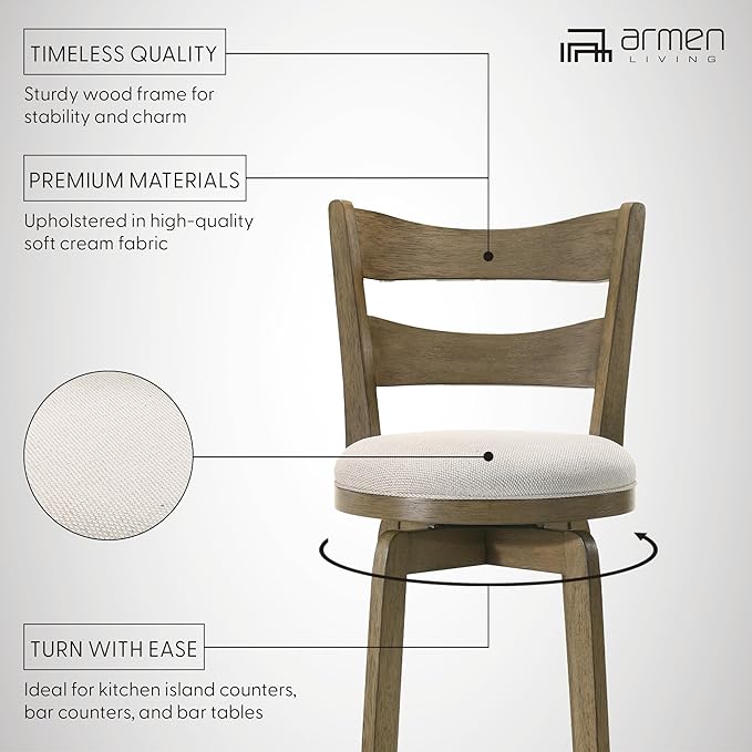 Armen Living Blair 26 in. Putty Brown Counter Height Rubberwood Swivel Barstool with Cream Fabric Seat
