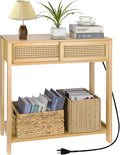 Console Table with Charging Station, Small Vanity Desk, 32" Console Tables for Entryway Table Rattan Dresser Entry Table Narrow Console Table Modern Hallway Table Boho Sofa Table for Living Room