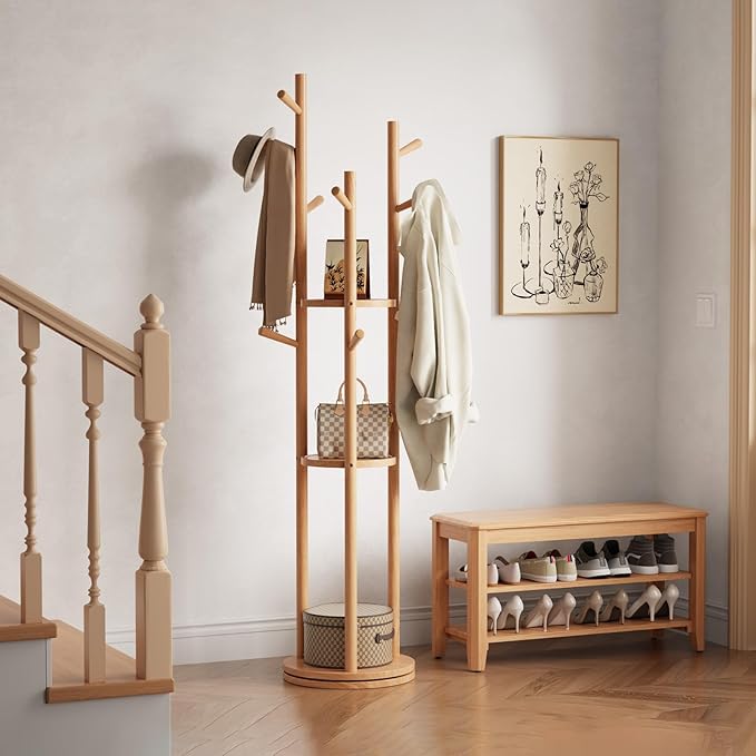 Solid Wood Rotary Coat Rack, Freestanding Coat Rack with 3 Shelves and 9 Hooks, Coat tree for Bedroom, Entryway, Livingroom, Coat Hanger Stand for Coats, Scarves, Handbags (Natural)