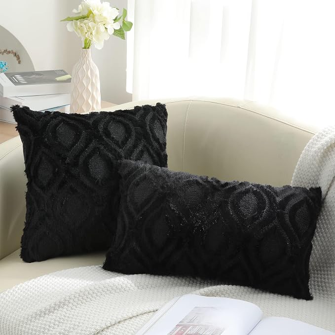 decorUhome Throw Pillow Covers 26x26 Inch Set of 2, Soft Plush Faux Wool Black - Image 6