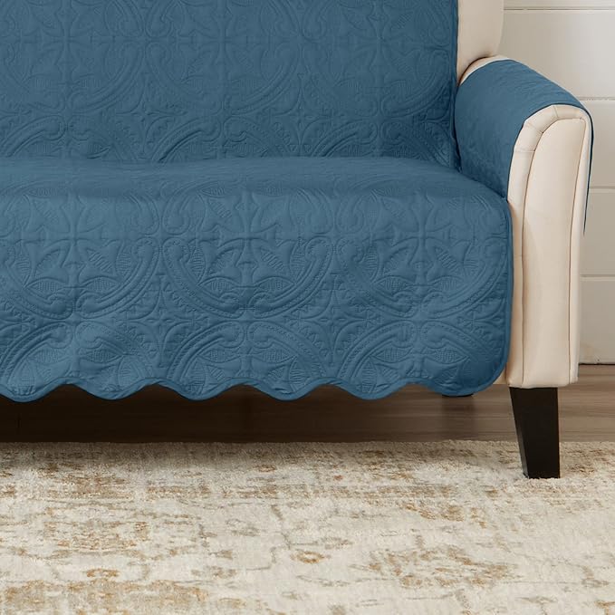 Great Bay Home Medallion Stitched Solid Furniture Protector Stain Resistant Durable Furniture Protector Elenor Collection (Chair, Smoke Blue/Ivory)