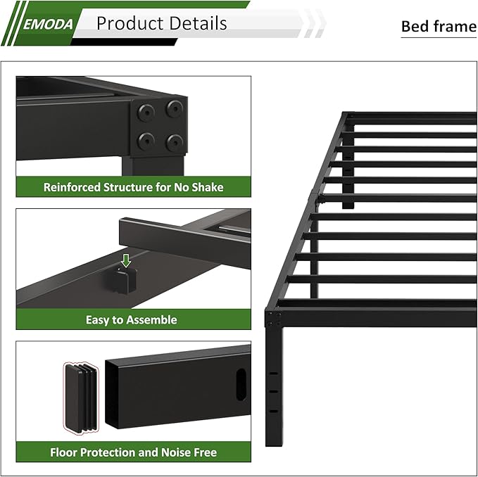 EMODA 14 Inch King Bed Frame No Box Spring Needed, Heavy Duty Metal Platform with Steel Slats, Noise Free, Easy Assembly, Black
