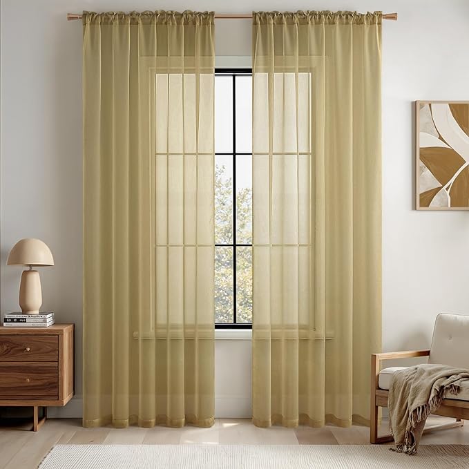 MIULEE Dark Gold Sheer Curtains 84 Inches Long 2 Panels, Light Filtering Voile by MIULEE
