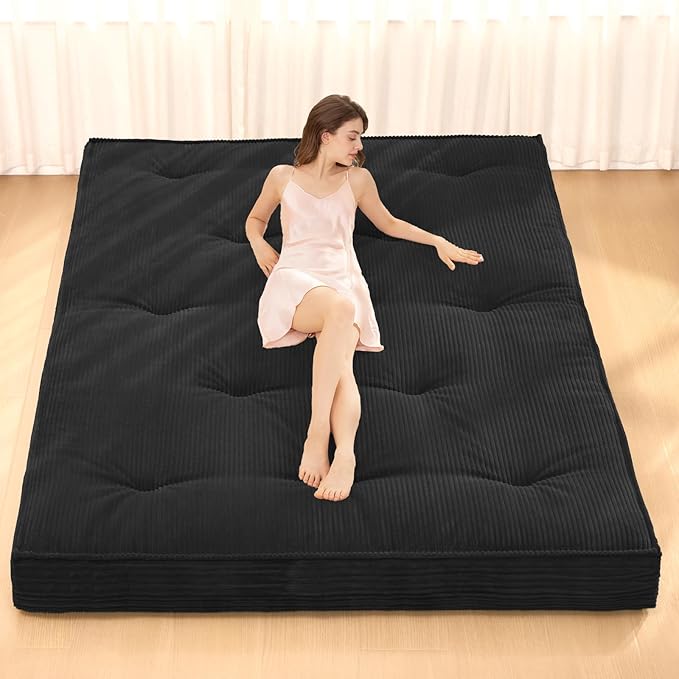 Japanese Floor Mattress, 4" Thicken Futon Mattress Full Size Sleeping Pad, Corduroy Foldable Mattress Pad Roll Up Tatami Mat Floor Mattress for Adults（Black）