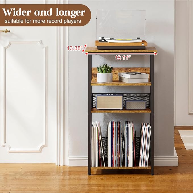 Record Player Stand with Storage Up to 100 Albums and 40 CDs, 4 Tier Vinyl Record Storage for Living Room, Turntable Stand with Record Holder & Display Shelf