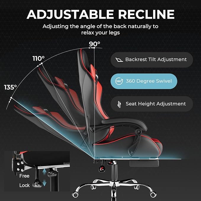 GTPLAYER Gaming Chair, Computer Chair with Footrest and Lumbar Support, Height Adjustable Game Chair with 360°-Swivel Seat and Headrest and for Office or Gaming (Faux Leather, Red)