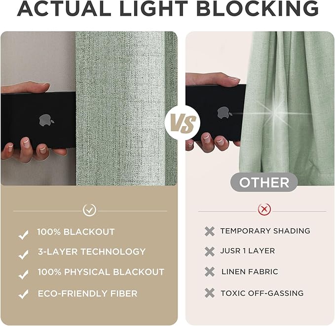 Joydeco 100% Blackout Curtains for Bedroom - Natural Linen Curtains 52" W x 90" L Long, Thermal Insulated 2 Panels Light Blocking Drapes, Rod Pocket & Back Tabs, Darkening Privacy for Living Room
