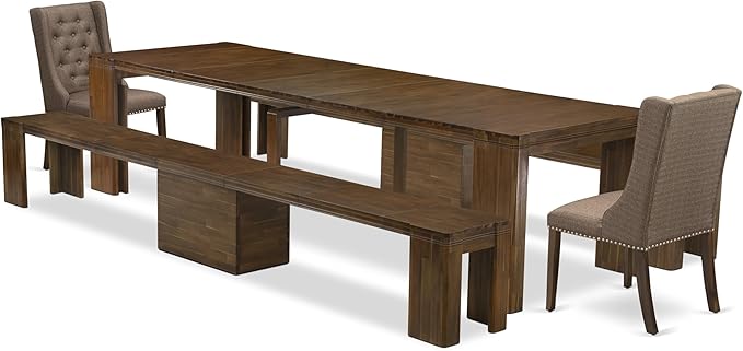 X02FO-208-18 - 5 Pieces Dining Room Set contains an Extendable Rectangle Kitchen Table, 2 Dining Chairs and 2 Modern Benches, 39x120 Inch, Antique Walnut