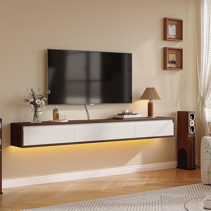 Floating TV Stand High Gloss,47'' Wall-Mounted TV Cabinet,Floating TV Console,Under TV Shelf with 3 Doors for Living Room Bedroom(Walnut+White)