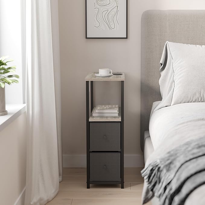 TUTOTAK Small Narrow End Table, Set of 2, Side Table, Nightstand with 2 Cloth Drawers, Couch Table, for Living Room, Bedroom, Bedside, Greige TB01BG054