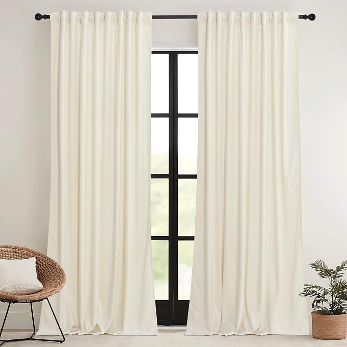 RYB HOME Cream Velvet Curtains 108 inch, Light Dimming White Window Curtains - Image 2