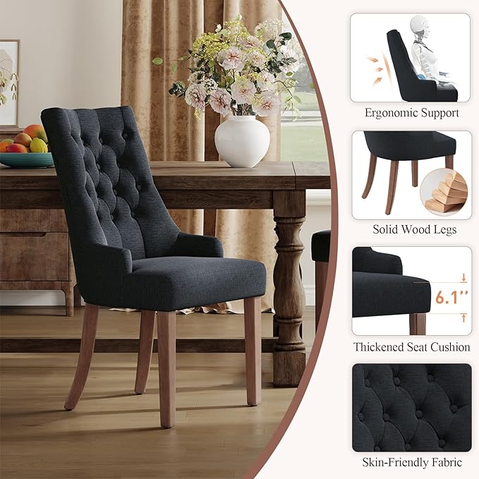 COLAMY Fabric Side Dining Chairs Set of 6, Wingback Upholstered Dining Room Chairs with Tufted Button, Living Room Chairs for Home Kitchen, Black