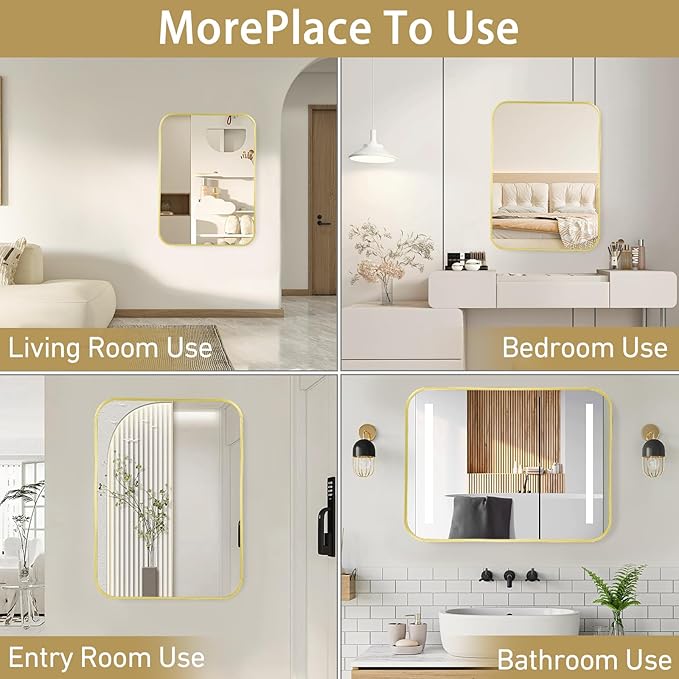 22x30 Inch Bathroom Mirror for Wall,Matte Gold Framed Rectangle Mirror with Rounded Corner,Aluminum Alloy Framed Brushed Wall Mirror for Bedroom or Living Room,Vertical or Horizontal
