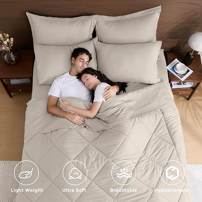 HEVUMYI Beige Tan Full Comforter Set - 7-Piece All Season Bed in a Bag Full, Ultra Soft Bedding Set with Comforter, Flat Sheet, Fitted Sheet, Pillowcases, Pillow Shams, Beige Tan
