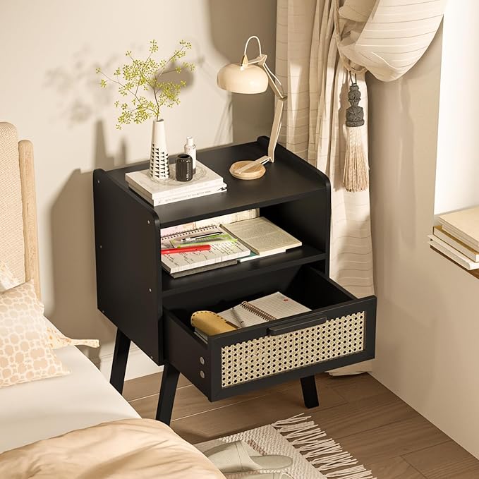 Lerliuo Rattan Nightstands Set of 2, Bedside Table with Drawer Open Shelf, Cane Accent Side End Table with Solid Wood Legs, Black Mid Century Night Stand for Bedroom, Dorm and Small Spaces