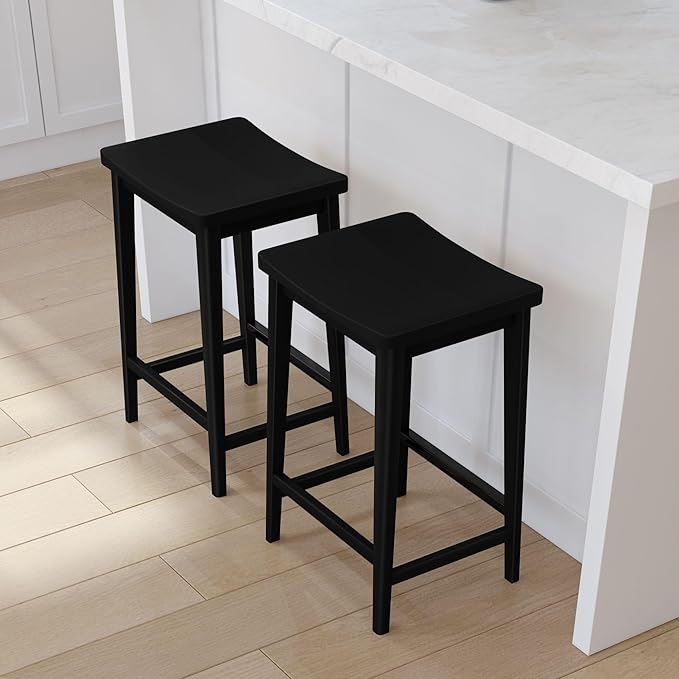 Plank+Beam Smythe Counter Stool, 24", Set of 2, Sturdy Wood Modern Kitchen Counter Height Stool, Saddle Seat Backless Counter Chair, Metal Footrest, Black