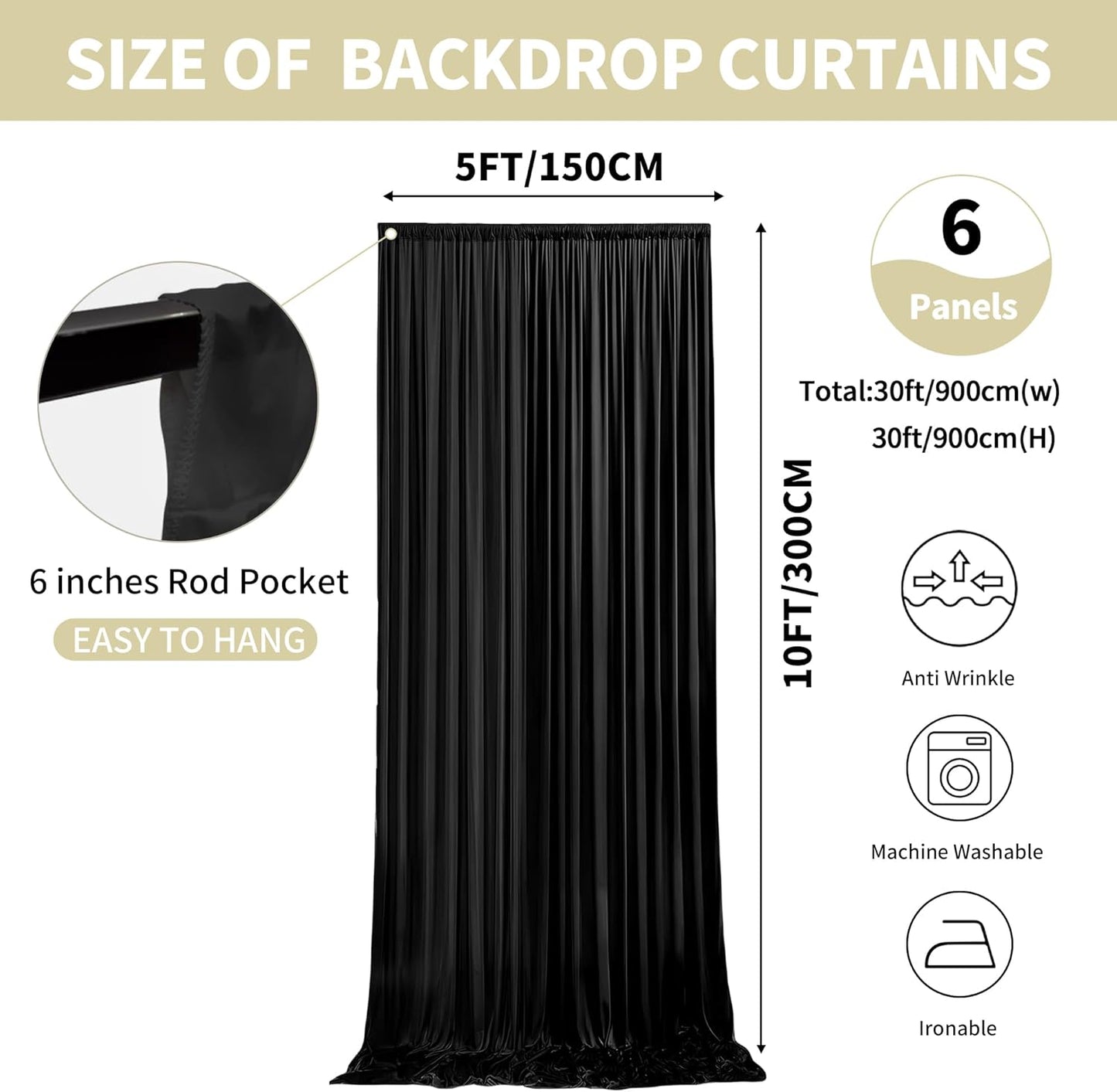 30x10ft Backdrop Curtains for Parties, 6 Panels 5x10ft Curtains Photography Drapes Rod Pocket Curtain Backdrop for Birthday Wedding Baby Shower Home Decor