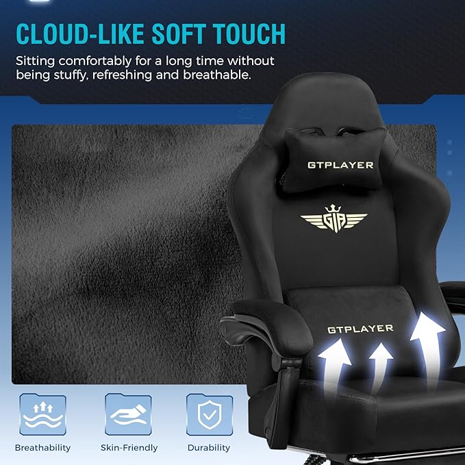 GTPLAYER Gaming Chair Fabric with Pocket Spring Cushion, Big and Tall Gamings Chairs 350LBS High Back Computer Chair with Footrest for Adults Lumbar Support Swivel Game Chair for Office Dark Black