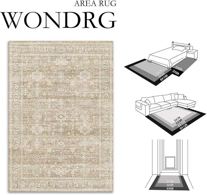 8x10 Washable Area Rug for Living Room Bedroom Vintage Beige Non Slip Carpet - Image 2