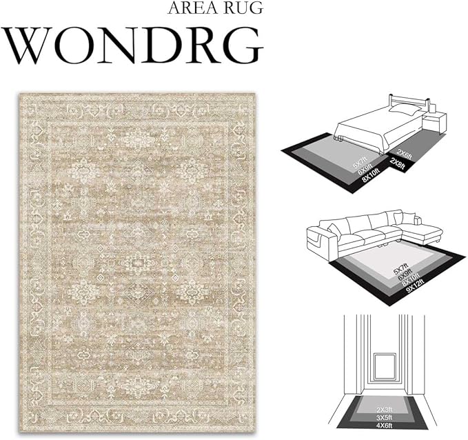 2x6 Washable Runner Rug for Hallway Kitchen Vintage Beige Non Slip Low Pile - Image 2