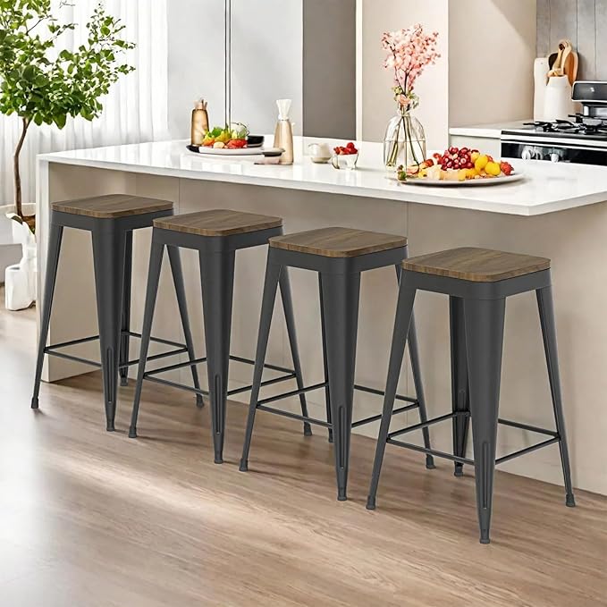 30 inch Backless Bar Stools Set of 4, Indoor Metal Bar Stools with Wood Seat, Industrial Counter Height Barstools for Kitchen Island, Black