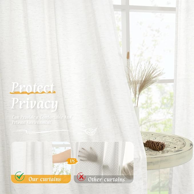 LAMIT Ivory White Linen Curtains 48 Inch Length, Faux Linen Textured Light - Image 5
