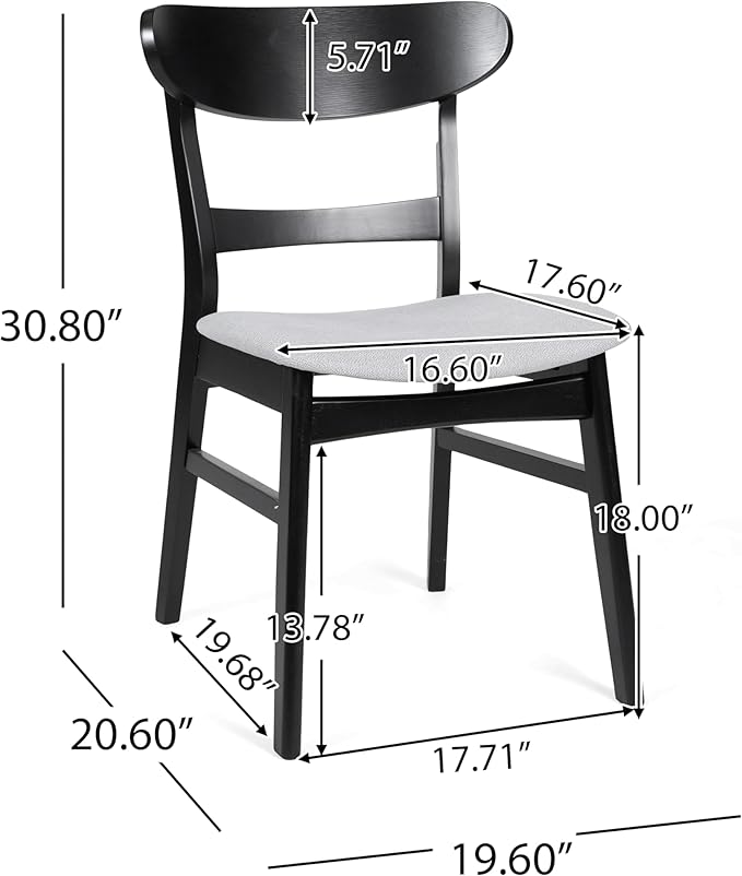 Set of 2 Solid Wood Dining Chairs, Fabric Upholstered Seat Mid-Century Modern Kitchen Furniture for Living Room, Light Gray+Black