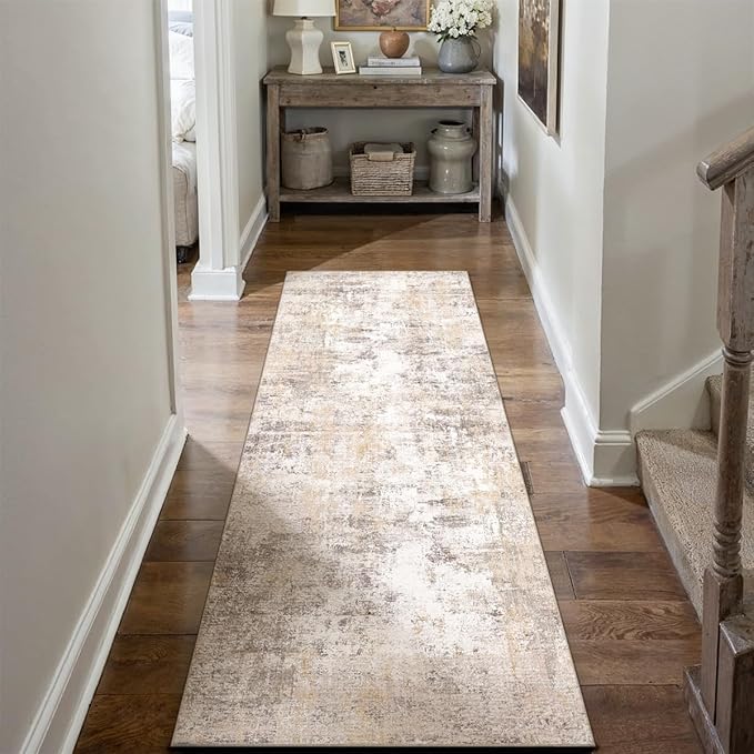 2x6 Washable Runner Rug Beige Grey Neutral Abstract Hallway Kitchen Living Room Bedroom Non Slip Throw Rug Soft Low Pile Indoor Carpet for Entrance Laundry Bathroom