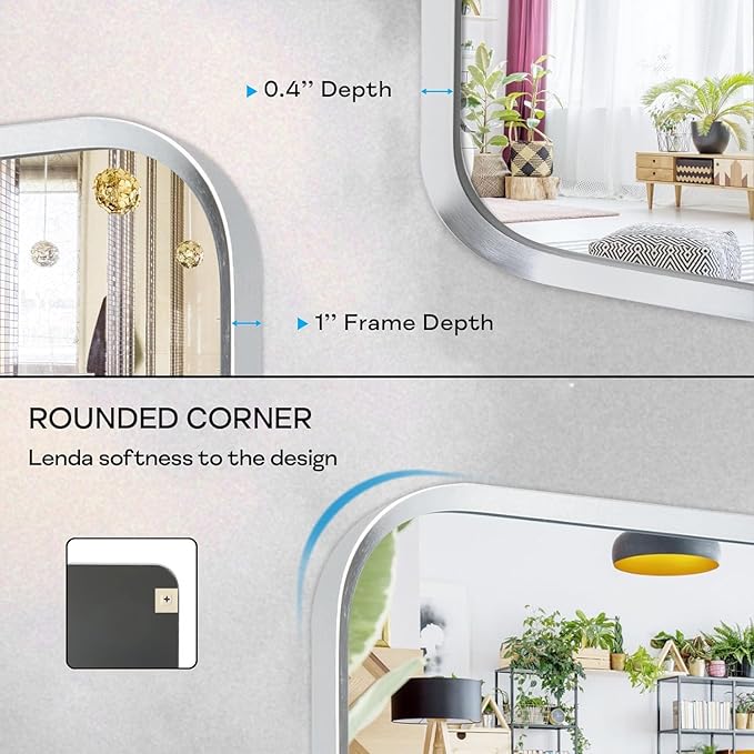 Wall Mount Mirror for Bathroom, Brushed Silver Metal Framed Rounded Corner Rectangular Vanity Mirror (18" x 24", Silver)
