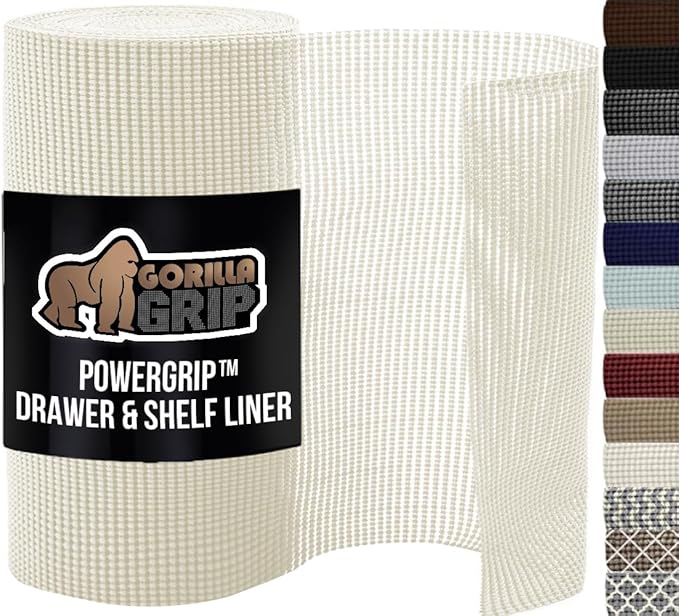 GORILLA GRIP powerGRIP Drawer Shelf and Cabinet Liner, Thick Strong Hold, Non-Adhesive Liners Protect Kitchen Cabinets and Cupboard, Bathroom Drawers, Easy Install, Breathable Mat, 24" x30' Snow White