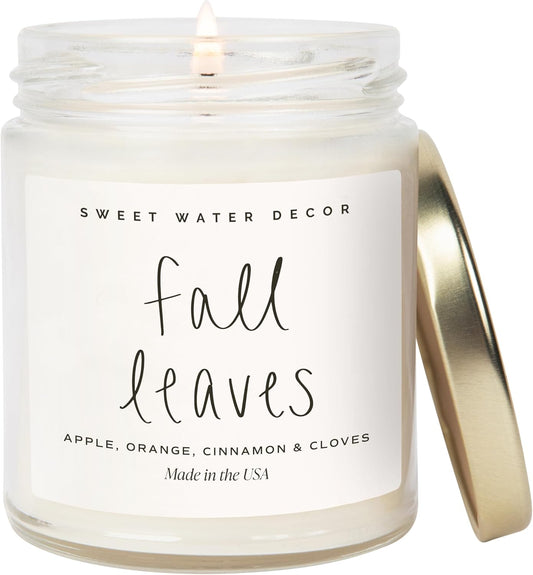 Sweet Water Decor Leaves Scented Candle - Soy Candle with Apple Orange Cinnamon & Cloves Scent - Soy Candle Wax with 40 Hours Burn Time - 100% Cotton Wick Fall Candle Made in USA - Clear Jar 9oz