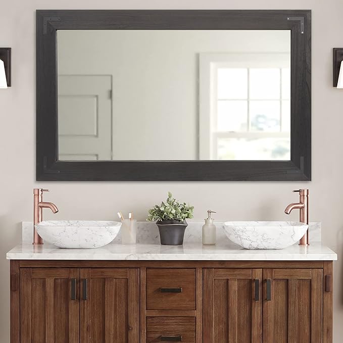 YOSHOOT Rustic Wooden Framed Wall Mirror, Natural Wood Bathroom Vanity Mirror for Farmhouse Decor, Vertical or Horizontal Hanging, 53" x 28", Black