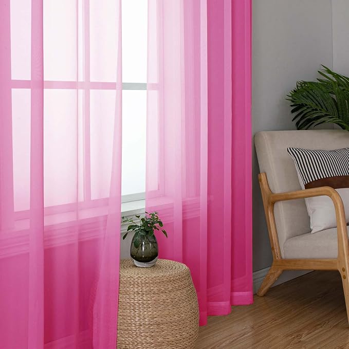 Lecloud Hot Pink Sheer Curtains 63 Inch Length 2 Pcs, Solid Voile Long Light - Image 2