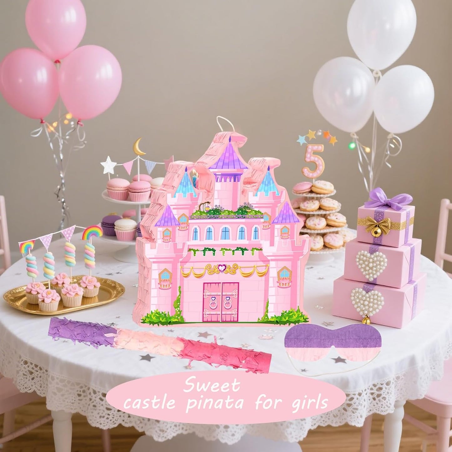 Princess Castle Pinata for Girl Birthday Party Supplies Pink Decorations Fairy Cardboard Castle Piñatas Games (Pink)