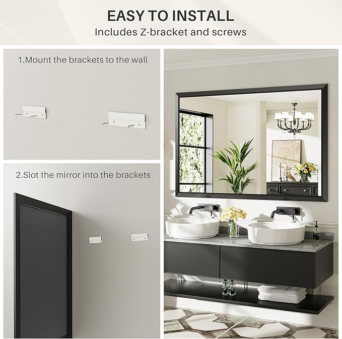 60x28 Inch Black Bathroom Mirror for Wall, Thick Metal Framed Rectangle Mirrors for Over Sink, Bedroom, Living Room, Entryway, Anti-Rust, HD Tempered Glass