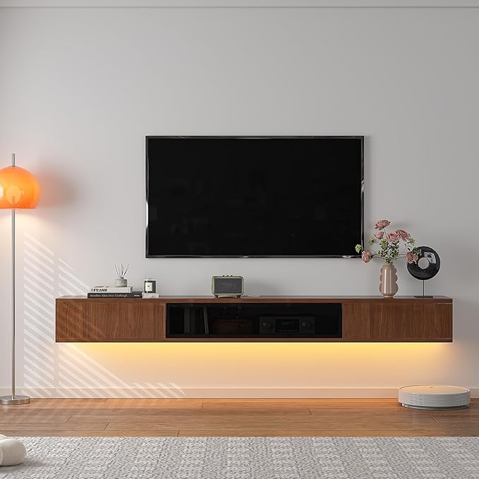 High Gloss Floating TV Stand,94'' Wall Mounted TV Console,Under TV Floating Shelf,Floating TV Cabinet with 3 Doors for Bedroom Living Room(Walnut)