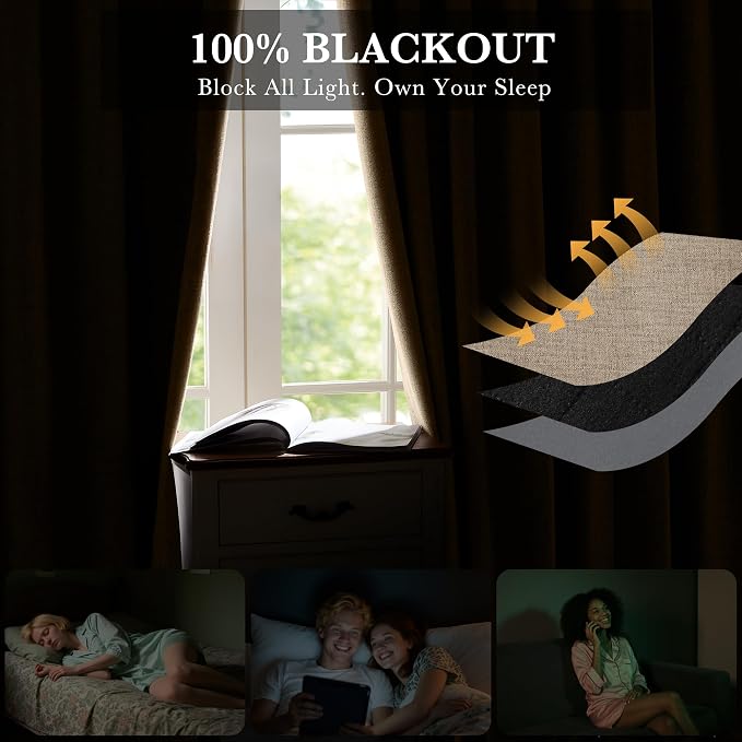 RYB HOME Burlap 100% Blackout Short Curtains 52 Width 45 inch Length, Light - Image 3