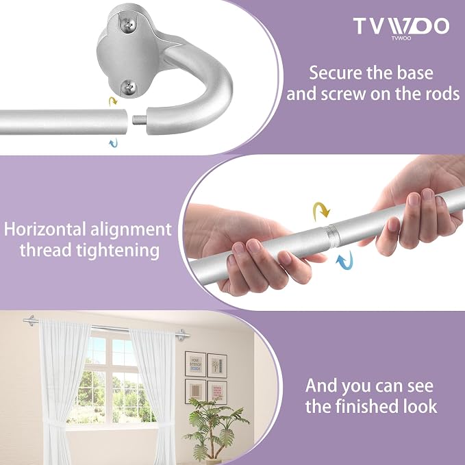 TVWOO Silver Wrap Around Curtain Rods:5/8 In Blackout Adjustable Window Curtain - Image 7