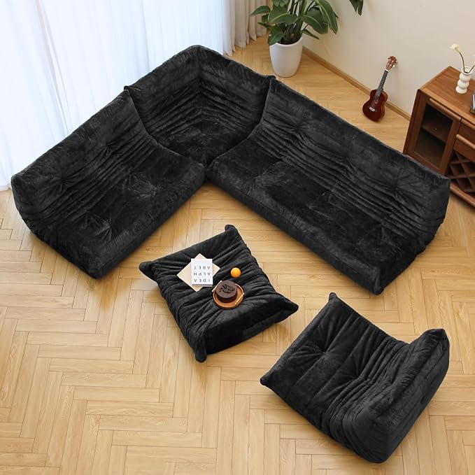 N&V Fireside Chair, Mid Century Armless Floor Sofa, Soft Premium Chenille Floor Lounge Chair, Foam Sofa Accent Chair for Living Room Bedroom and Office (Black, Three Seater)