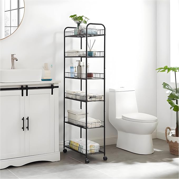 6-Tier Slim Storage Cart with Wheels,10in Wide Black Narrow Rolling Shelf,Sturdy Slim Storage Ideal for Kitchen, Bathroom, and Laundry Room