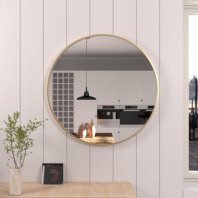 24 inch Gold Circle Wall Mirror, Brushed Gold Metal Framed Round Mirror for Bathroom Vanity, Bedroom Decor, Living Room, Entryway